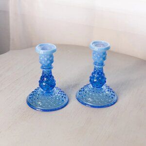 Vintage Fenton Blue Opalescent Glass Hobnail Candlesticks (Set of 2)